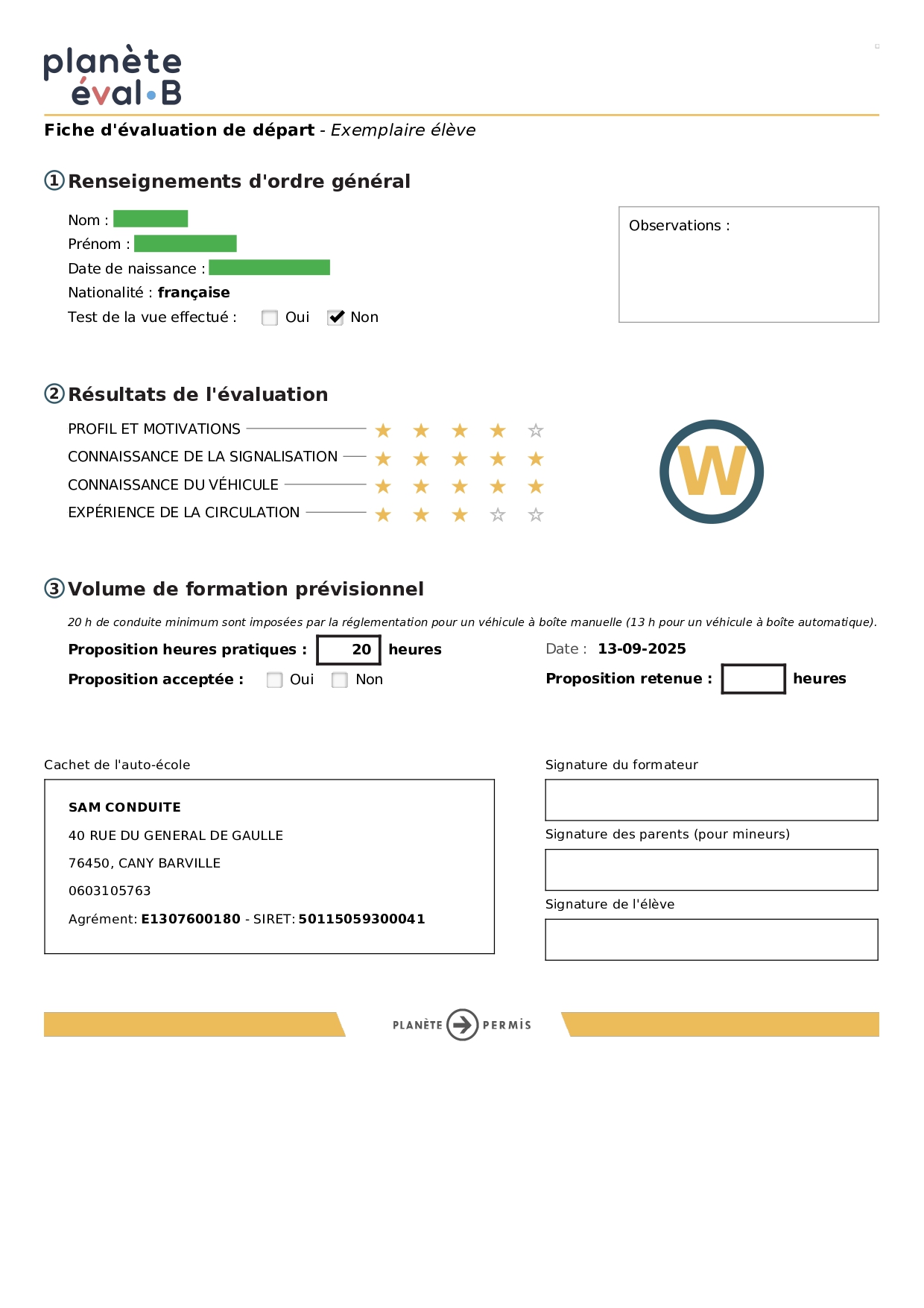 Evaluation de départ